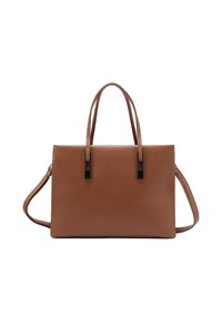 Borsa a mano in pelle marrone con design strutturato, doppi manici superiori, tracolla regolabile e dettagli in metallo rettangolare neri.