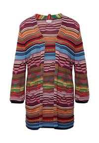 Cardigan tricoté multicolore avec des rayures verticales et horizontales en rouge, bleu, vert et jaune, à coupe décontractée et manches trois-quarts.