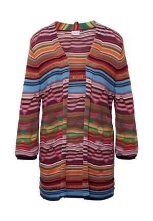 Multikleurige gebreide cardigan met verticale en horizontale strepen in rood, blauw, groen en geel, met een ontspannen pasvorm en driekwartmouwen.