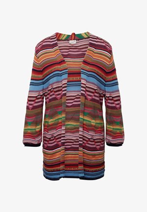 Mehrfarbiger gestrickter Cardigan mit vertikalen und horizontalen Streifen in Rot, Blau, Grün und Gelb, lockerem Schnitt und Dreiviertelärmeln.