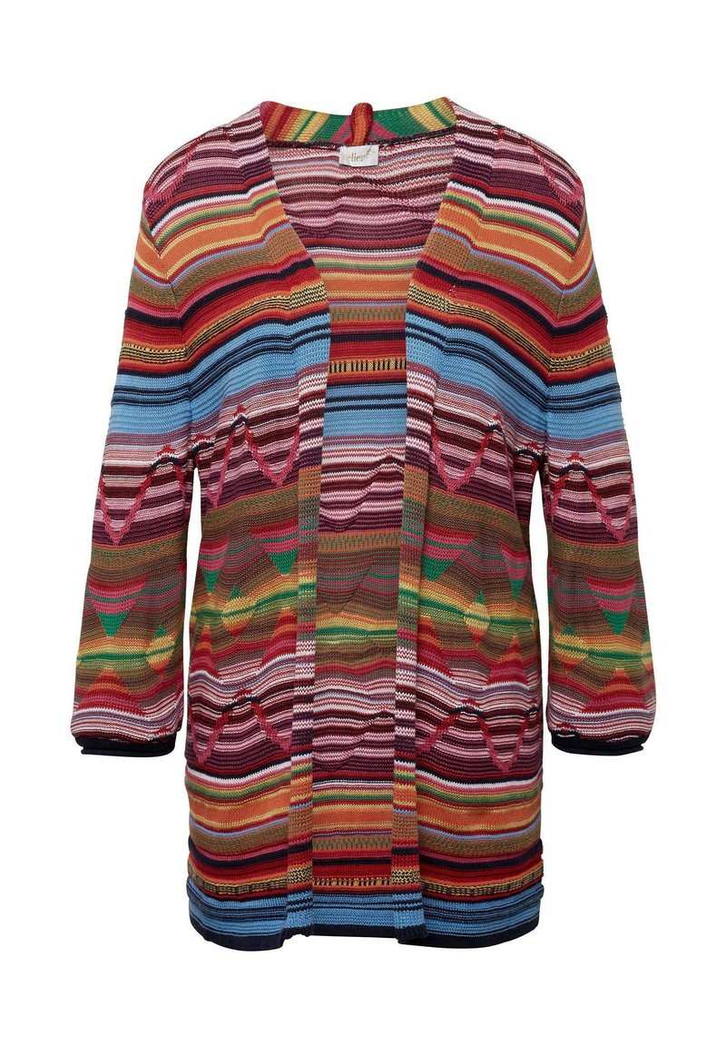 Cardigan tricoté multicolore avec des rayures verticales et horizontales en rouge, bleu, vert et jaune, à coupe décontractée et manches trois-quarts.