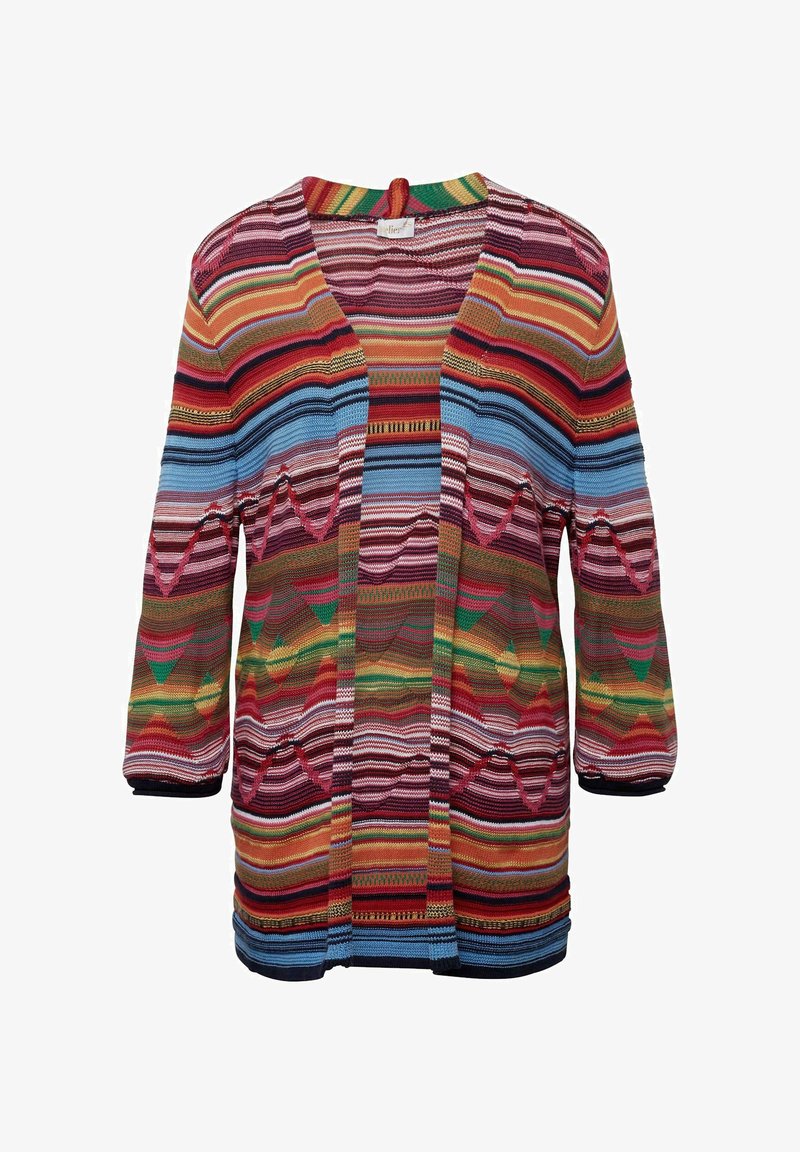 Cardigan tricoté multicolore avec des rayures verticales et horizontales en rouge, bleu, vert et jaune, à coupe décontractée et manches trois-quarts.