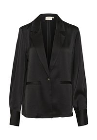 Sacou negru din satin cu rever în notch, mâneci lungi, buzunare frontale și închidere cu un singur nasture. Textură netedă cu un luciu subtil.