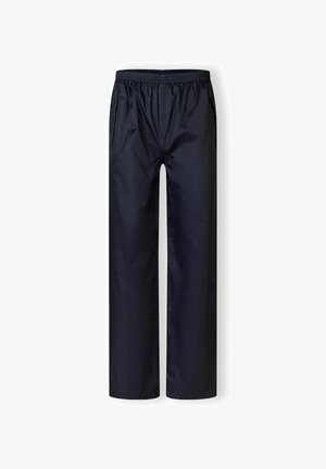Navy blue, lightweight, waterproof pants with an elastic waistband and two side pockets. Smooth texture suitable for outdoor use.