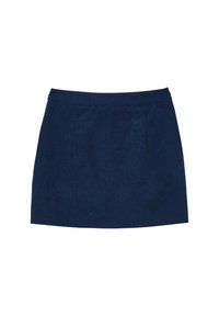 Jupe mini en velours côtelé bleu foncé avec une coupe droite et une taille étroite sur un fond blanc.