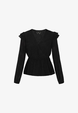 Sort bluse med lange ærmer, V-hals, peplum talje og flagrende skulderdetaljer. Stoffet har et subtilt blomstermønster.