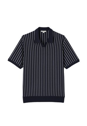 Polo bleu marine à manches courtes avec des rayures verticales blanches et un col, des poignets et un ourlet côtelés.