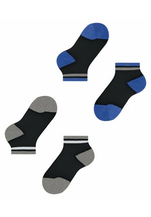 Schwarze Socken mit farbigen Fersen und Spitzen; ein Paar hat blaue Akzente und Streifen, während ein anderes graue Akzente hat. Material aus Baumwollmischung.