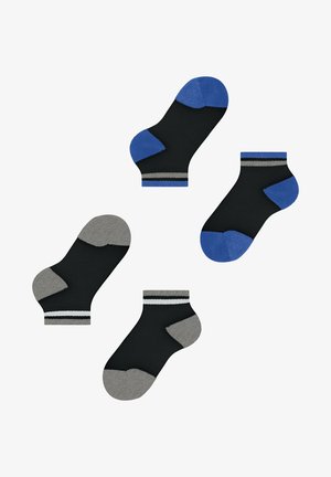 Chaussettes noires avec talons et orteils colorés ; une paire présente des accents et des rayures bleues, tandis qu'une autre a des accents gris. Matière en mélange de coton.
