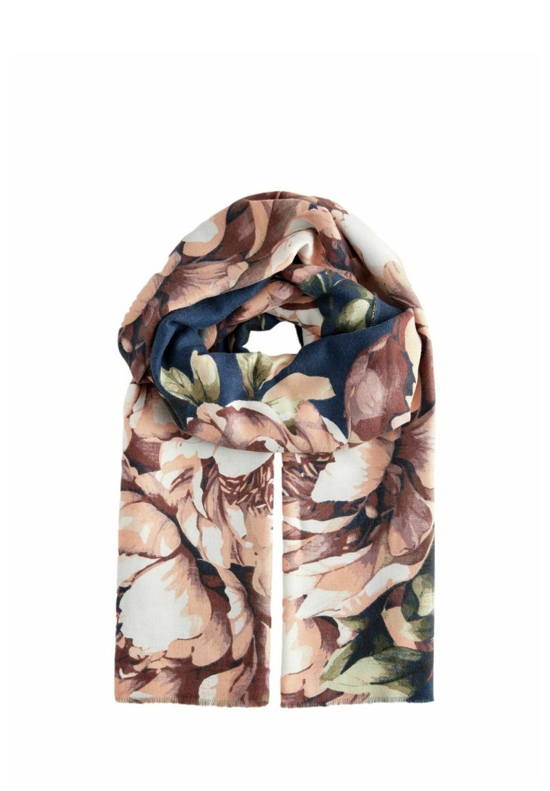 Sciarpa con motivo floreale caratterizzata da grandi design di peonie in pesca tenue e crema, con bordi blu navy; tessuto morbido e testurizzato.