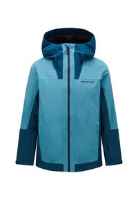 A two-tone blue waterproof jacket with a zip front, a hood, and contrasting dark blue accents on the sleeves and sides.