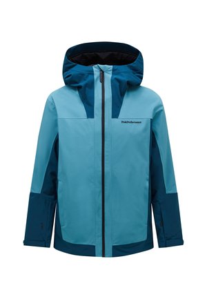 Eine zweifarbige blaue wasserdichte Jacke mit Reißverschluss, Kapuze und kontrastierenden dunkelblauen Akzenten an den Ärmeln und Seiten.