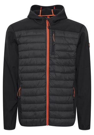 Black puffer jacket with a hood; features a quilted front, smooth sleeves, orange zipper and accents, and zippered pockets on the sides.