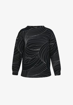 Zwart shirt met lange mouwen, witte abstracte gebogen lijnpatronen en een ronde halslijn.