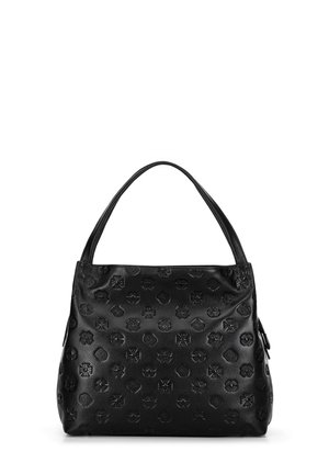 Schwarze Lederhandtasche mit geprägten Blumen- und geometrischen Mustern, mit einer abgerundeten Oberseite und doppelten Griffen zum Tragen.