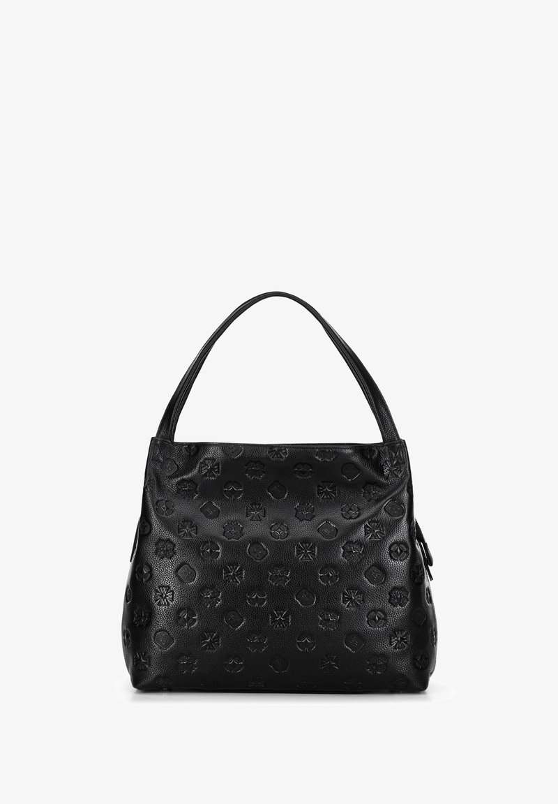 Borsa a mano nera in pelle con motivi floreali e geometrici in rilievo, dotata di una parte superiore arrotondata e doppie maniglie per il trasporto.