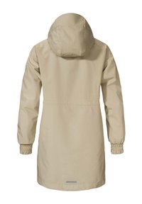 Beige wasserdichter Parka mit Kapuze, elastischen Bündchen, tailliertem Schnitt und einem reflektierenden Akzent am Saum. Glattes, leichtes Material.