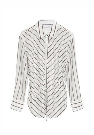 Biała bluzka z długim rękawem z brązowymi skośnymi paskami, zapinana na guziki z przodu, z ostrym kołnierzykiem, mankietami i wiązaniem z przodu w talii.