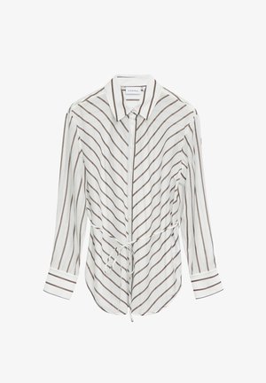 White long-sleeve blouse with brown diagonal stripes, buttoned front, pointed collar, cuffs, and front waist tie.