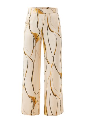Wide-leg pants made of lightweight fabric, featuring a cream base with black and gold abstract marbling pattern. Tailored waistband, no pockets.