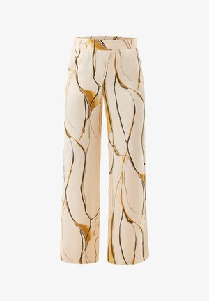 Wijde broekspijpen van lichtgewicht stof, met een crèmekleurige basis en een zwart-gouden abstract marmer patroon. Aangepaste tailleband, geen zakken.