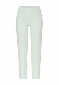 Lichtgroene, elastische taille broek met een rechte pasvorm; bevat twee voorkanten zakken en subtiele stikdetails aan de zijkanten.