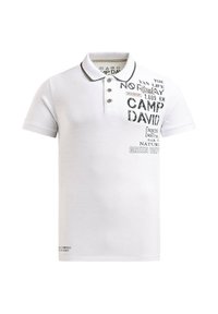 White short-sleeve polo shirt with three buttons and black text graphic reading "CAMP DAVID" on the right chest area.