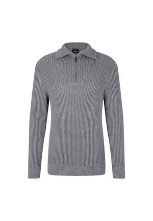 Maglione grigio a maglia con colletto zip, caratterizzato da una texture a coste e maniche lunghe. Il design include una scollatura a V e polsini aderenti.