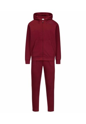 Felpa con cappuccio color marrone scuro con zip e pantaloni della tuta abbinati, realizzati in tessuto morbido e strutturato. Presentano un cappuccio, tasche anteriori e polsini a coste su maniche e caviglie.