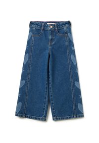 Weite Jeanshose in Dunkelblau mit kontrastierenden Herz- und Sternmustern an der Seite, ausgestattet mit normalem Bund und Fronttaschen.