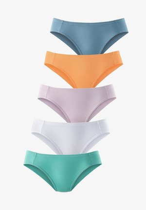Five pairs of ribbed bikini underwear in blue, orange, lavender, white, and teal arranged horizontally. Each pair features a seamless design.