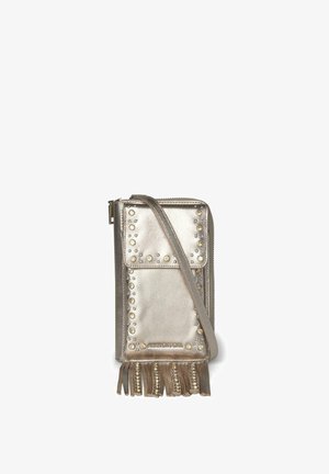 Metallic silver crossbody bag with stud embellishments, front flap pocket, and fringe detail along the bottom edge.