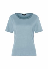 Lichtblauw t-shirt met korte mouwen en een ronde halslijn, met een gladde textuur en een eenvoudig design. Geen zichtbare patronen of accenten.