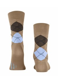 Beżowe skarpetki z wzorem w diamentową argyl, zawierające brązowe i jasnoniebieskie kształty, czarne akcenty oraz prążkowane mankiety. Wykonane z miękkiego, elastycznego materiału.