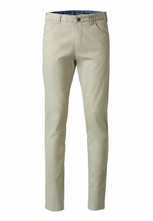 Pantalons beige clair en mélange de coton, avec une coupe slim, des poches standard et une fermeture à bouton avec une taille contrastante bleu marine.