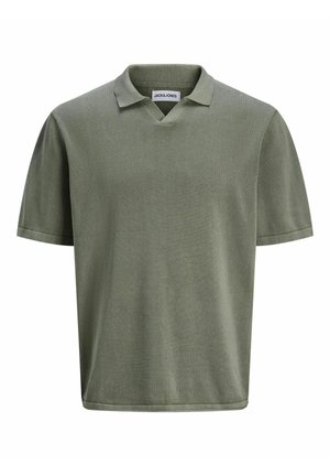 Olive green polo shirt made of soft fabric. Features a v-neck collar and short sleeves with a relaxed fit. Simple, unadorned design.