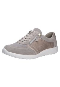 Light gray suede sneakers with lace-up design, side zipper, white rubber sole, and textured accents on the upper material.