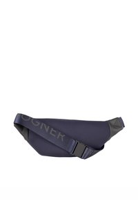 Marineblaue Stoff-Gürteltasche mit schlankem Design, ausgestattet mit einem strukturierten Lederakzent und verstellbarem Riemen mit Logoaufdruck. Kompakt und modern.