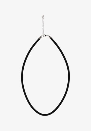 Schwarze Kautschuk-Halskette mit silbernen Endkappen und verstellbarem Kettenverschluss vor weißem Hintergrund.