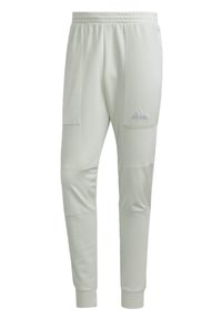 Hellgrüne Sporthose mit schmalem Schnitt, elastischem Bund, zwei Seitentaschen und dezentem Logo am Oberschenkel. Glatte Textur.