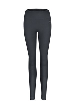 Schwarze, hoch taillierte, gerippte Leggings mit nahtlosem Design und einem kleinen runden Metall-Logo an der oberen linken Hüfte.