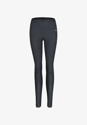 Zwarte ribgebreide leggings met hoge taille, naadloos ontwerp en een klein rond metalen logo op de bovenste linkerheup.