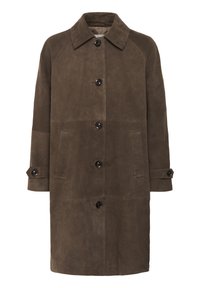 Brown suede trench coat with a collar, six buttons, and two side pockets. It features a relaxed fit and raglan sleeves.