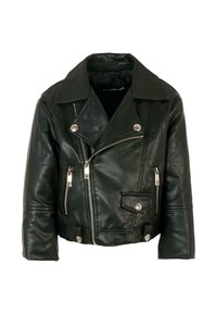 Giacca da motociclista in pelle nera con accessori in metallo argentato, zip asimmetrica, risvolti a scatto e design aderente. Presenta due tasche con zip.