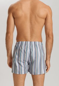 Costume da bagno in cotone a righe con righe verticali blu, bianche e marroni. Vita elastica, vestibilità comoda e superficie liscia.