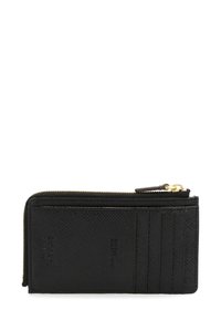 Black leather wallet with textured finish, gold zipper, and multiple card slots on one side. Compact, rectangular design.