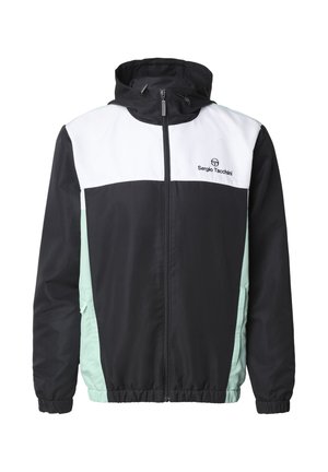 Czarna, biała i jasnozielona kurtka z kapturem i zamkiem błyskawicznym, z elastycznymi mankietami i logo Sergio Tacchini na piersi.