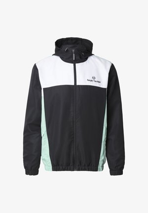 Czarna, biała i jasnozielona kurtka z kapturem i zamkiem błyskawicznym, z elastycznymi mankietami i logo Sergio Tacchini na piersi.