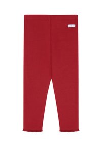 Rote Baumwoll-Leggings mit einem dehnbaren Bund und Spitzendetails an den Knöcheln. Glatte Textur, taillierte Passform und keine sichtbaren Muster.