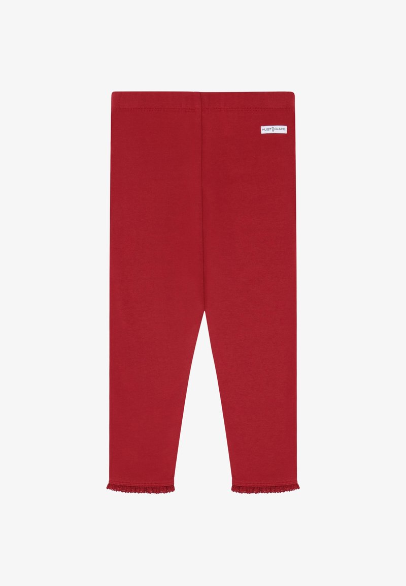 Rote Baumwoll-Leggings mit einem dehnbaren Bund und Spitzendetails an den Knöcheln. Glatte Textur, taillierte Passform und keine sichtbaren Muster.